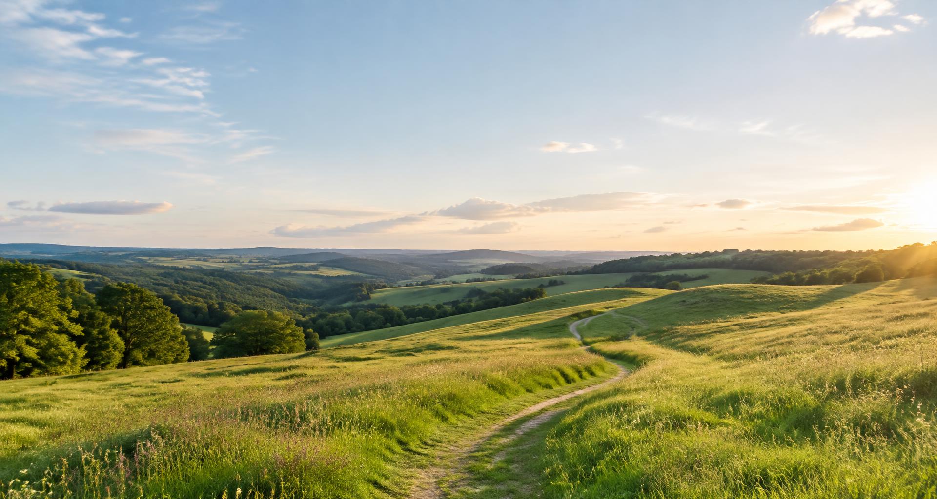 An open path through green countryside in the late afternoon